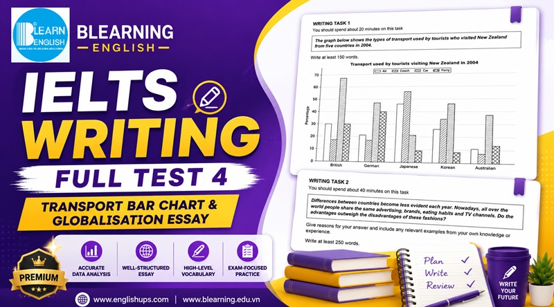 IELTS Writing Test 4: Task 1 – Transport Bar Chart & Task 2 – People share the same advertising, brands, eating habits and TV channels…<br><span style="display: inline-block; padding-top: 8px; color: #d32f2f; font-size: 13px; font-weight: bold;">Lượt làm bài: 468</span>