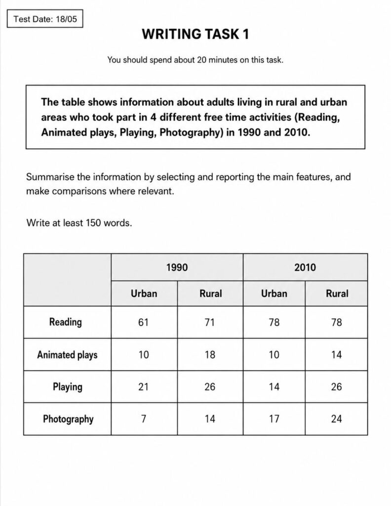 IELTS Writing Task 1: The table shows information about adults living in rural and urban areas who took part in 4 different free time activities (Reading, Animated plays, Playing, Photography) in 1990 and 2010.<br><span style="display: inline-block; padding-top: 8px; color: #d32f2f; font-size: 13px; font-weight: bold;">Lượt làm bài: 9</span>