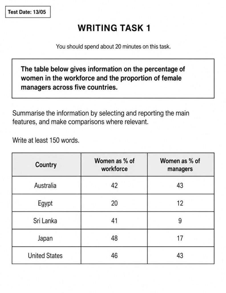 IELTS Writing Task 1: The table below gives information on the percentage of women in the workforce and the proportion of female managers across five countries.<br><span style="display: inline-block; padding-top: 8px; color: #d32f2f; font-size: 13px; font-weight: bold;">Lượt làm bài: 12</span>